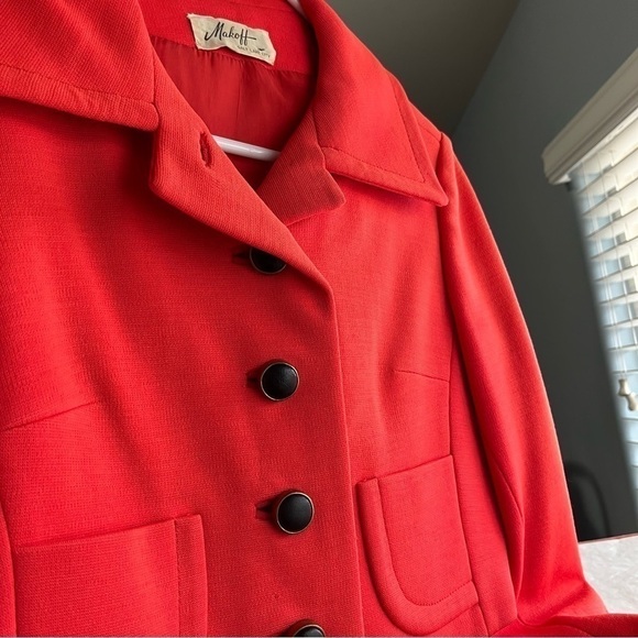 Vintage Mod 1960's Cropped Boxy Knit Blazer Jacket Neon Bright Red Orange - Picture 2 of 12